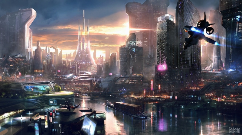 modern, fi, cityscape, illuminated, building exterior, reflection, night, digital composite, architecture, nature, science fiction, built structure, city
