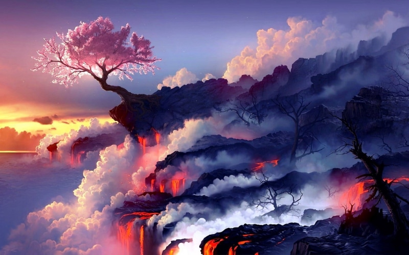 lava, heat - temperature, power, land, forest, tranquil scene, sunrise - Dawn, sun, scenics - nature, power in nature, sunset, tranquility, sunlight, fire - Natural Phenomenon