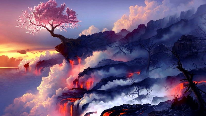 1080P, album covers, cherry blossom, smoke, landscape, clouds, dead trees, fantasy art, artwork, lava, trees, fire, nature, digital art, Fightstar