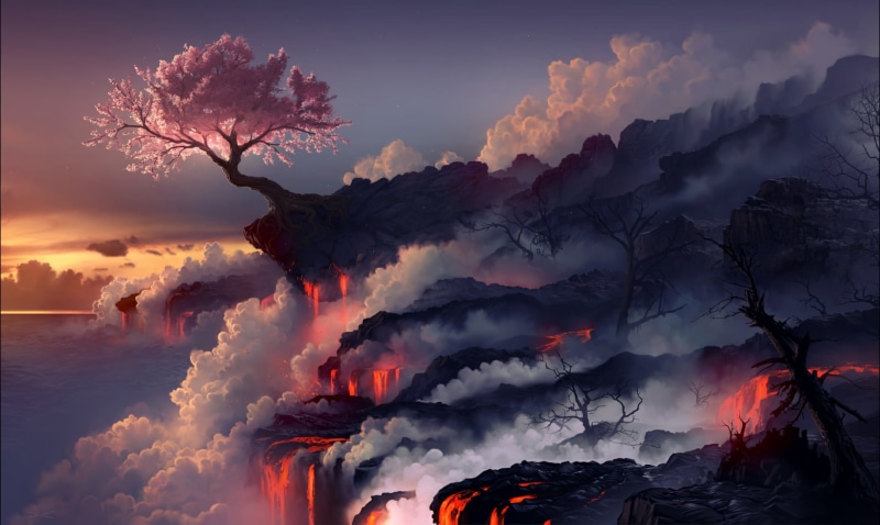 Sakura Blossom, dusk, outdoors, smoke - physical structure, purple, idyllic, power in nature, tree, sunrise - Dawn, Magic: The Gathering, mountain, 1080P