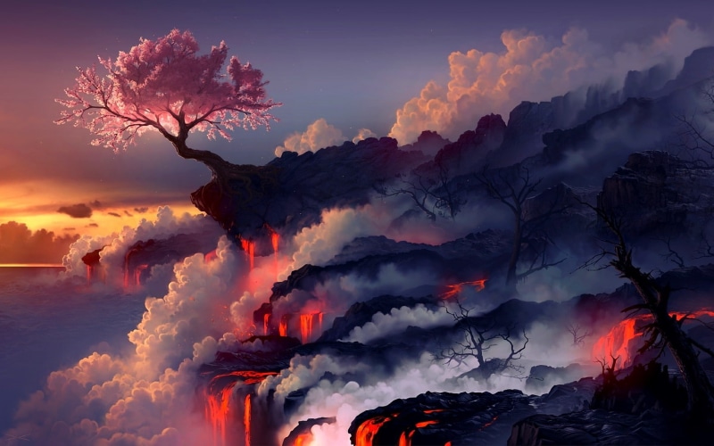 cloud - sky, landscape, sunset, tranquility, sky, tree, scenics - nature, nature, fog, land, power in nature, fire - natural phenomenon, no people, 720P