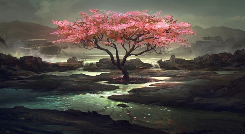 reflection, fragility, cherry, plant, Painting, sky, Blossom, Artistic, Artwork, 1080P, freshness, Scenery, lake, Tree, Pink, Scene, no people, pink color