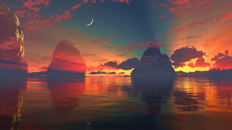 digital, sea, Sun, sky, dark, sunrise, sun rays, digital art, sunset, 2K, dusk, landscape, fantasy art, skyscape, nature, clouds, artwork, morning, water