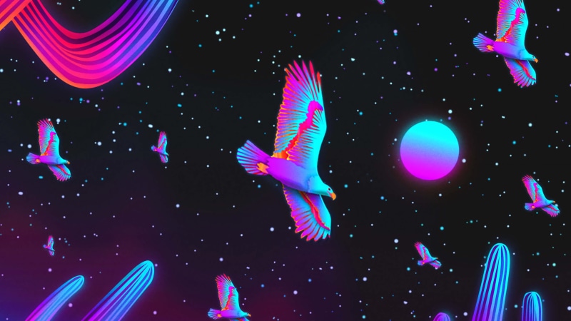 1980s, artwork, eagle, skyscape, night sky, flying, digital, Retrowave, digital painting, landscape, night, Moon, neon, starred sky, birds, 80s, Synthpop