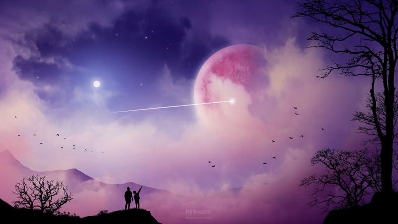 clouds, dark, people, digital art, pink clouds, landscape, Moon, nature, fantasy art, digital, skyscape, stars, illustration, digital painting, planet