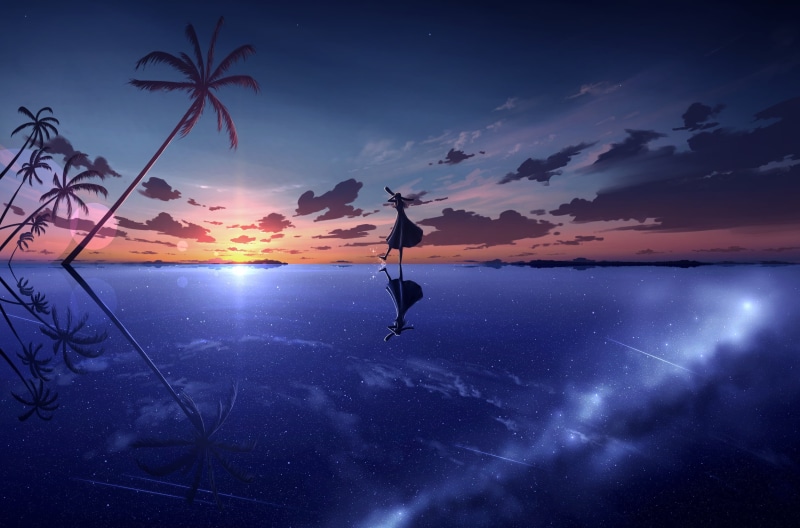 anime, stars, drawing, reflection, clouds, fantasy girl, fantasy art, starry night, night, evening, 1080P, sunset, women, digital, artwork, silhouette