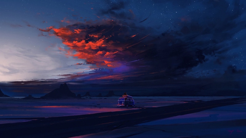 Van, nature, drawing, clouds, night, twilight, sky, illustration, mountain, environment, road, night sky, sunset, desert, 1080P, concept art, art, evening