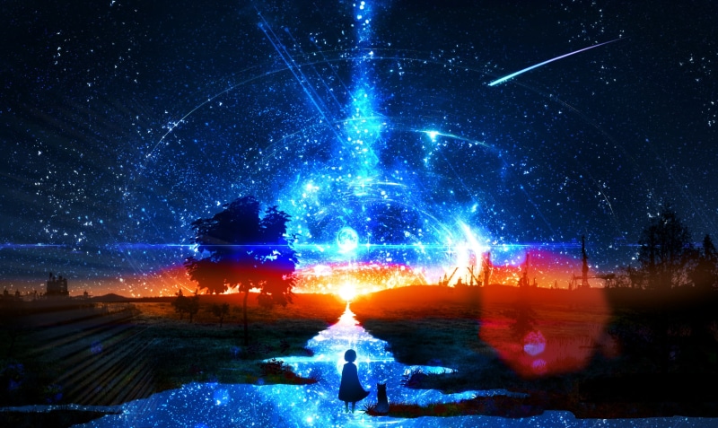 women, digital art, skyscape, water, landscape, shooting stars, 2K, Moon, concept art, children, fantasy girl, sky, sunlight, starred sky, universe, artwork