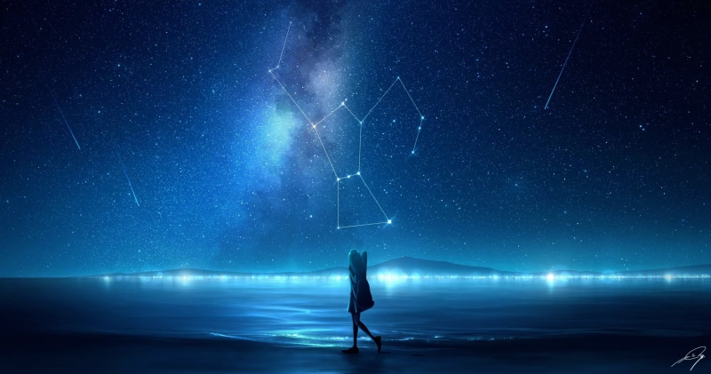 digital painting, artwork, skyscape, digital art, anime sky, anime, walking, sea, sand, cyan, alone, nature, beach, blue, landscape, stars, constellations