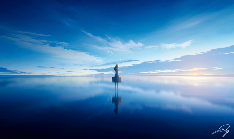 nature, skyscape, sea, digital art, blue, anime girls, silhouette, reflection, moescape, fantasy girl, artwork, drawing, landscape, sunset, sky, water