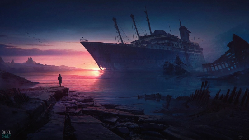 nature, water, sea, ruin, Sun, abandoned, boat, outdoors, concept art, dusk, sun rays, environment, men outdoors, silhouette, fantasy art, dawn, people
