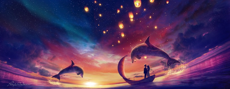boat, concept art, evening, animals, outdoors, artwork, skyscape, illustration, environment, sea, lights, 4K, digital painting, night, drawing, Sun, sun rays