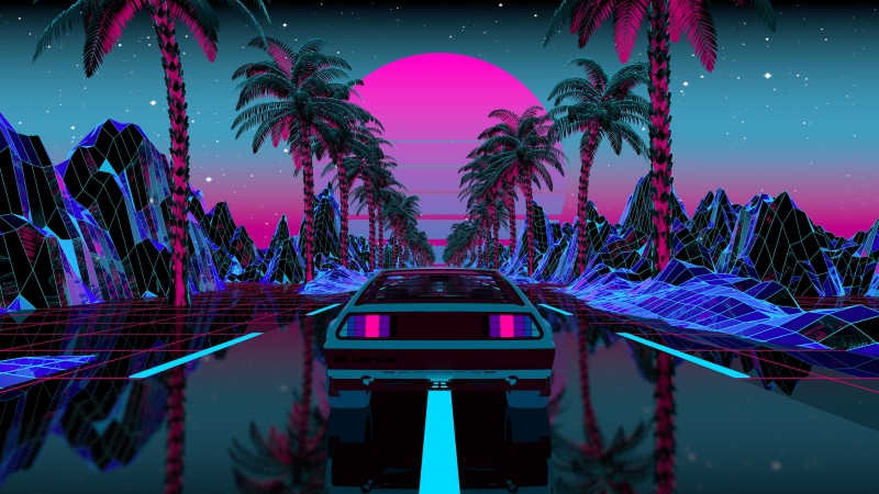 DMC DeLorean, galaxy, Moon, zii, car, silhouette, mountains, pink, science fiction, palm trees, nature, florida man, OutRun, DeLorean, sky, stars, reflection