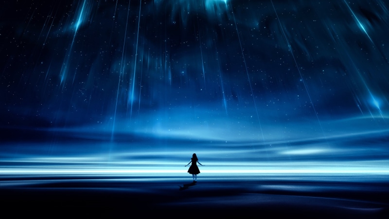 stars, dreamscape, dark, blue, space, photo manipulation, outdoors, women, night, Photoshop, 2K, lights, fantasy art, starry night, shooting stars, sky