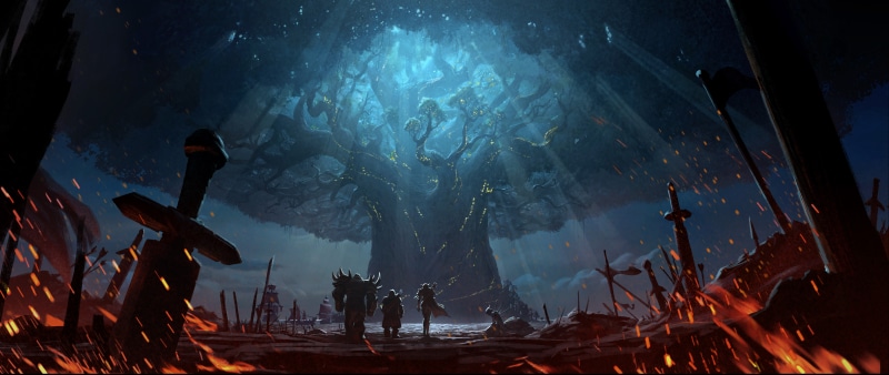 8K, sword, Warcraft, digital art, video games, World of Warcraft: Battle for Azeroth, horde, battle, Alliance, fire, trees, World of Warcraft, landscape
