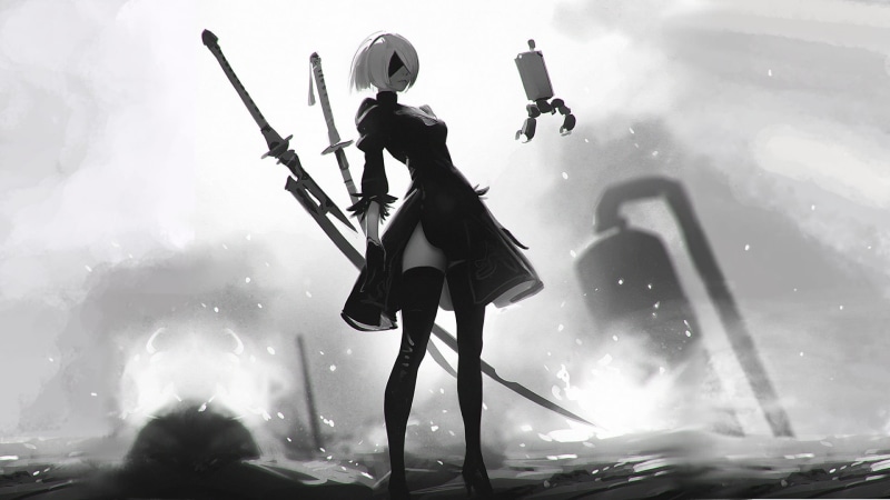 leisure activity, motion, character, sunlight, android robot, war, digital composite, maid, Nier: Automata, smoke - physical structure, men