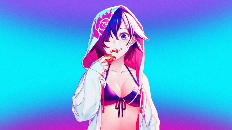 young adult, DubstepGutter, front view, beautiful woman, clothing, beauty, portrait, women, one person, adult, hairstyle, anime, anime girls, blue background
