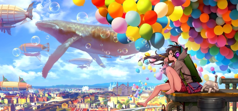  fun, barefoot, people, sitting, headphones, women, clouds, multi Colored, architecture, night, skirt, animated, one person, adult, celebration