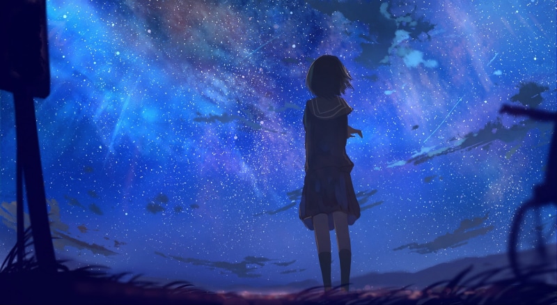 looking away, character, real people, space, standing, female, leisure activity, illuminated, galaxy, full length, star field, school uniform, short hair