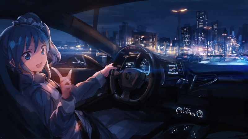 travel, people, anime girls, short hair, outdoors, Aikatsu, women, female, urban Scene, blue hair, character, women with cars, city, cityscape, night, driving