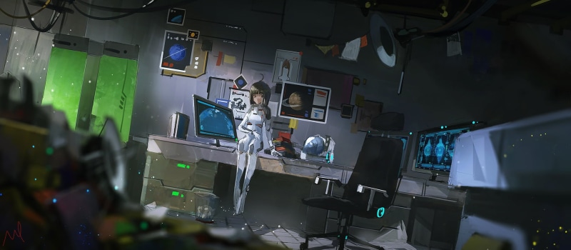digital art, dress, computer equipment, occupation, character, 720P, security, indoors, illuminated, no people, complexity, science, artwork, anime girls