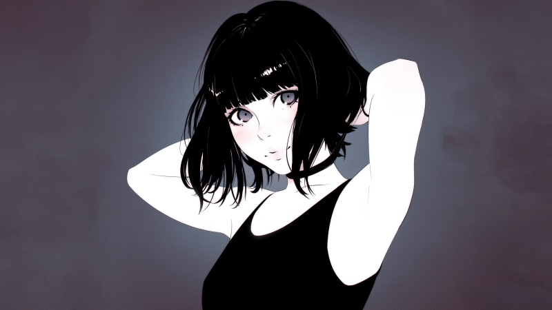 obscured face, choker, anime girls, one person, female, standing, beautiful woman, long hair, hairstyle, simple background, anime, looking at viewer, wallpapr