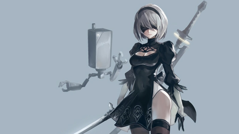 cleavage, 2B, front view, studio shot, standing, NieR, women, young adult, safety, 1080P, video games, katana, anime, gun, three quarter length