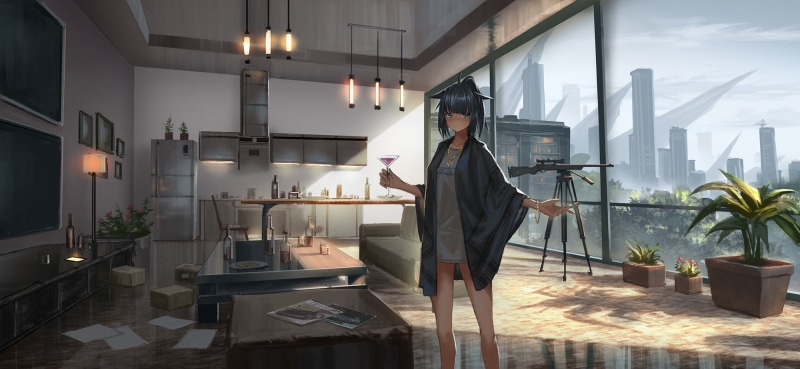 portrait, Arknights, anime, plants, short hair, room, artwork, weapon, digital art, 1080P, kitchen, anime girls, city, animal ears
