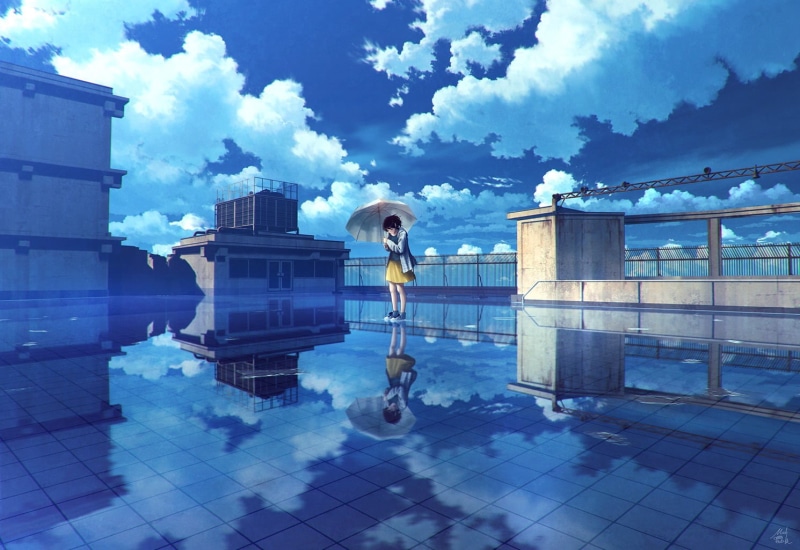 character, blue, one person, sky, day, digital composite, railing, clouds, umbrella, urban, reflection, building, illustration, artwork, outdoors, real people