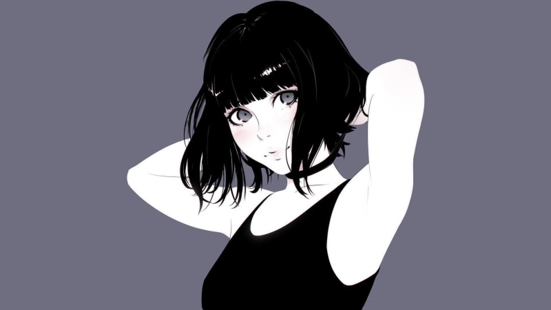 Ilya Kuvshinov, 1080P, women, girl, wearing, obscured face, original characters, indoors, minimalism, studio shot, medium-length hair, hair, hairstyle