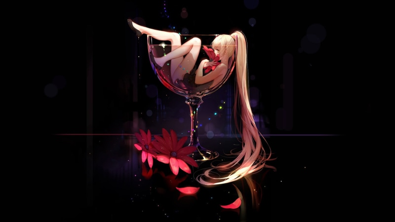 glass - material, anime, anime girls, women, blonde, white, long hair, lifestyles, dark, long exposure, glass, wine, full length, untitled, adult