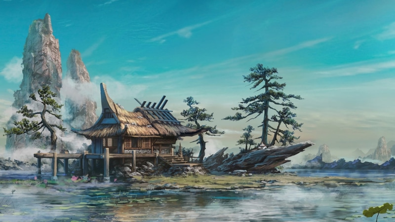 mist, tree, building exterior, rock, architecture, illustration, tranquility, painting, day, landscape, wood - material, non-urban scene, sky, house, brown