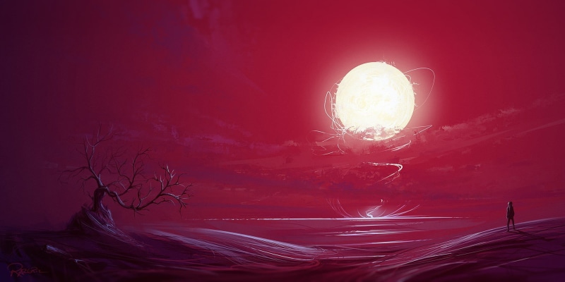 night, silhouette, no people, bright, painting, fantasy art, sunset, full moon, space, landscape, fantasy, natural phenomenon, backgrounds, illuminated