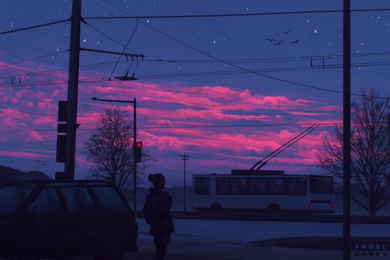 artwork, beauty in nature, power supply, drawing, car, electricity, street, orange, city, lifestyles, transportation, tree, cold, standing, lines, clouds
