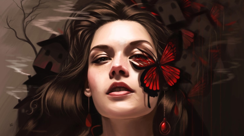 drawing, red, butterfly, digital painting, artwork, concept art, women, animals, long hair, digital, painting, 1080P, fantasy art, digital art, brown