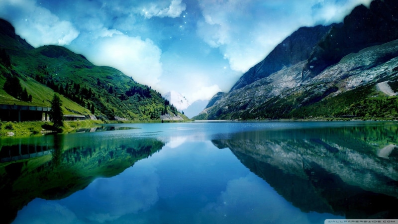digital, panoramic, digital art, mountain Peak, sky, lake, day, mountain, environment, body, artwork, cloudscape, symmetry, waterfront, grass, forest, clean