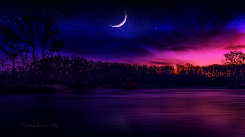 beauty in nature, outdoors, tranquility, star - space, 2K, no people, landscape, digital art, idyllic, nature, astronomy, crescent, tree, water, moonlight