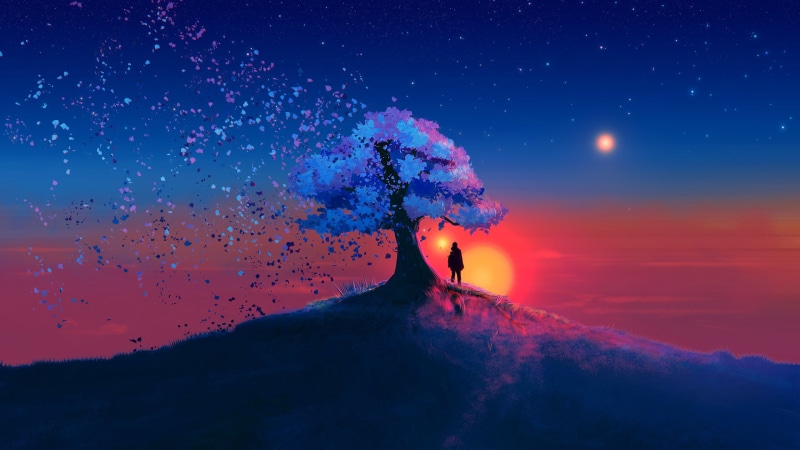 nature, sky, stars, trees, artwork, landscape, digital art, JoeyJazz, 2K, drawing, silhouette, painting
