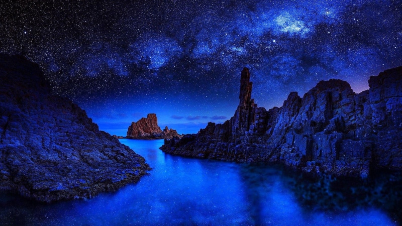 milky way, sky, starry night, 1080P, reflection, night sky, starry, darkness, landscape, starry sky, star, rock, nature, rocky, stars, water, sea, night