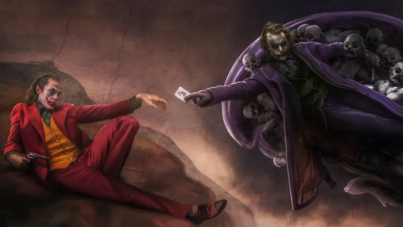 artwork, Joker, Joaquin Phoenix, Heath Ledger, movies, 2K