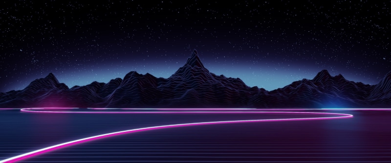 2K, lake, synthwave, mountains, Retro style, digital art, stars, neon