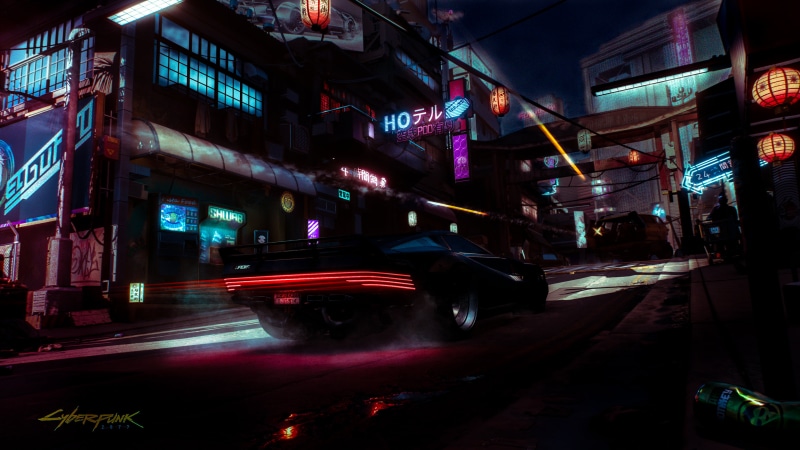 building exterior, digital art, red, die, road, city life, Retro style, night, nightlife, car, transportation, dark background, architecture, illuminated