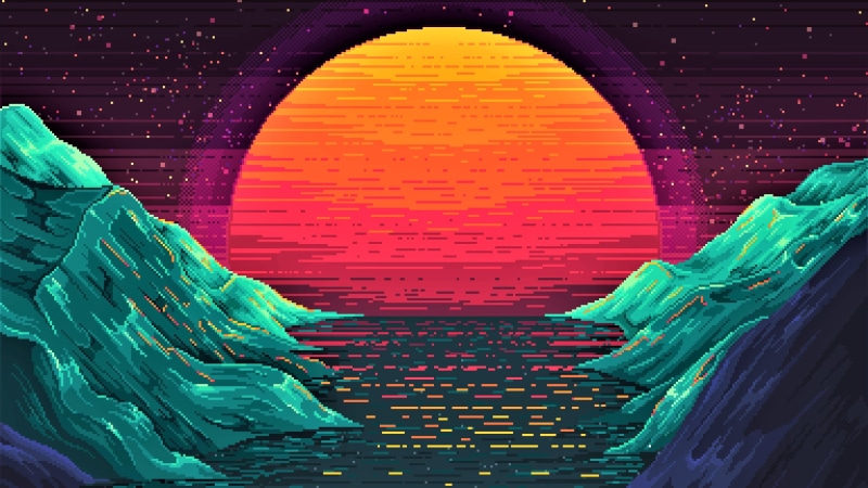 graphics, digital art, retro style, pixel art, sun, retrowave, retro wave, pixelated, illustration, fantasy landscape, 4K, art, pixelate, sunset, pixeles