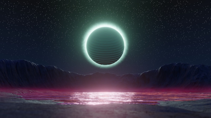 artwork, depth of field, science fiction, stars, night, Retrowave, neon glow, 1080P, eclipse, digital, neon, water, cyberpunk, vaporwave, mountains, synthwave