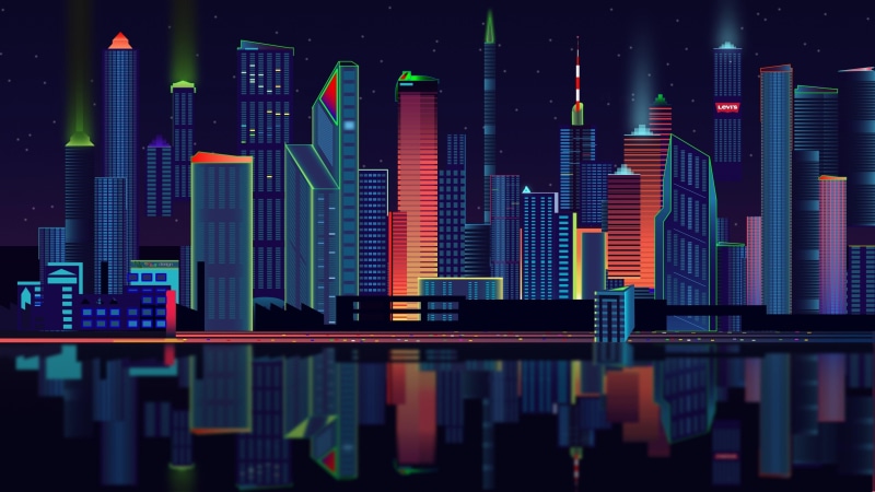 reflection, city, downtown, line, neon, 4K, cityscape, retro art, night sky, retrowave, metropolis, neon art, night, digital art, skyline, city lights