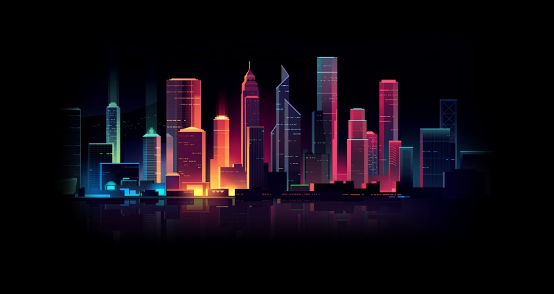 Retrowave, 4K, Home, Architecture, Illustration, The city, Lighting, Night, Neon, Building, Vector, Synthwave, Romain Trystram, Light, Art, by Romain Trystram