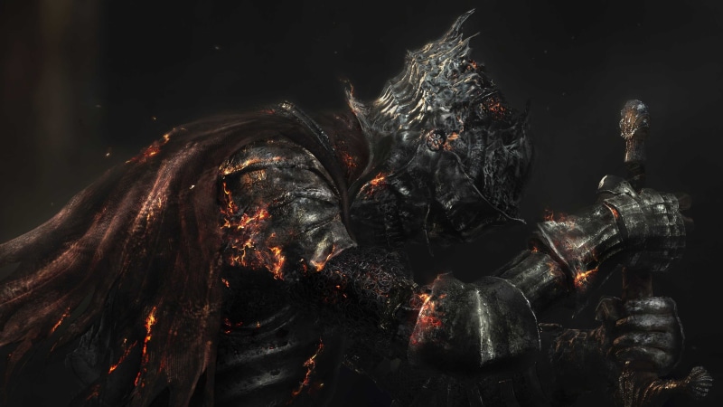 dark, flame, nature, smoke - Physical Structure, glowing, skull, death, artwork, 4K, motion, From Software, warrior, knight, Dark Souls III, gray, fire - Natural Phenomenon