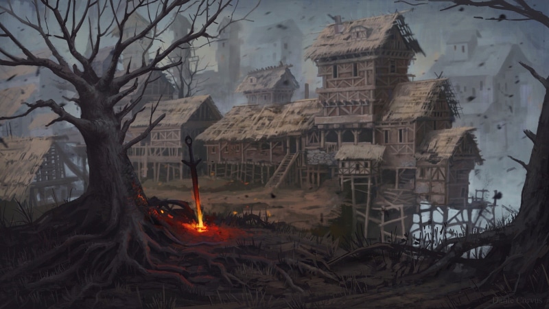 souls, building exterior, bare tree, tree, dusk, built structure, artwork, fire, video games, burning, window, outdoors, heat - temperature, nature, architecture