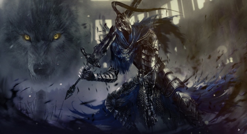 holding, Warrior, Armor, Sword, wearing, illustration, Sif (Dark Soul), Artorias the Abysswalker, big, 1080P, person, Wolf, Dark Souls