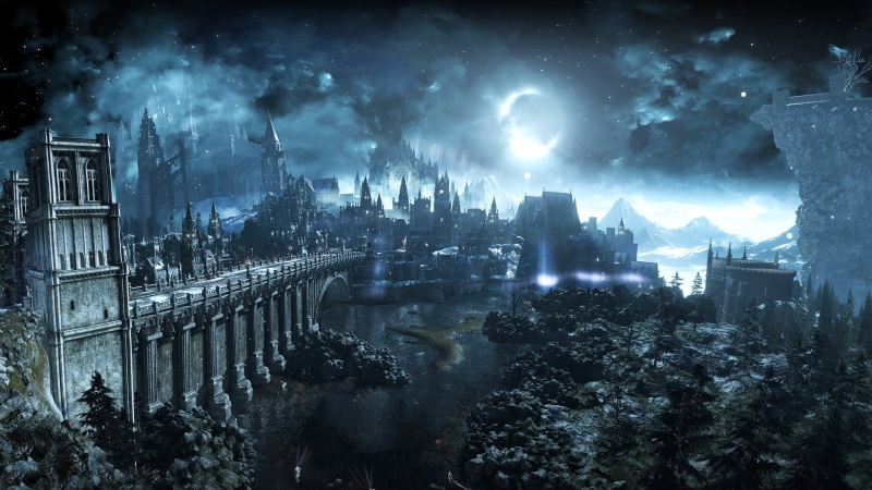 skyscraper, bridge, Dark Souls III, video games, street, Dark Souls, night, canal, cityscape, plant, cover, building exterior, castle, 4K, anime, building